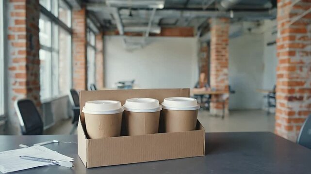 Cardboard carrier with takeaway coffees in the coworking space.