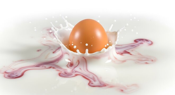 Brown egg in a splashing mixture of white and red liquid, cracked eggshell splashing liquid white liquid