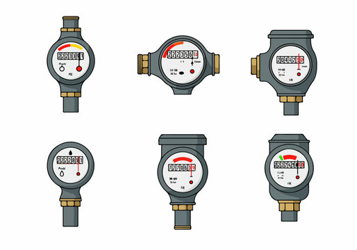 Collection of six stylized cartoon water meter illustrations on a white background for utility and consumption measurement concepts.