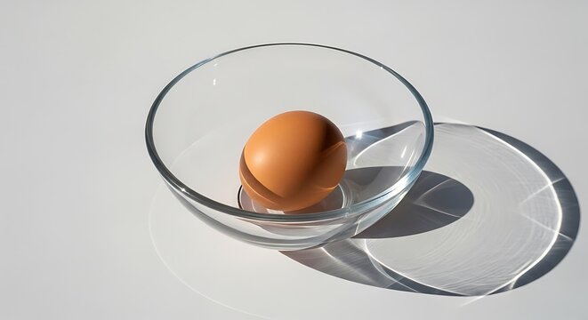 Brown egg in a glass bowl with lid, on white background, clear glass