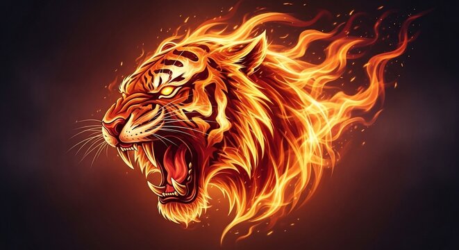 Fiery tiger head roaring artwork