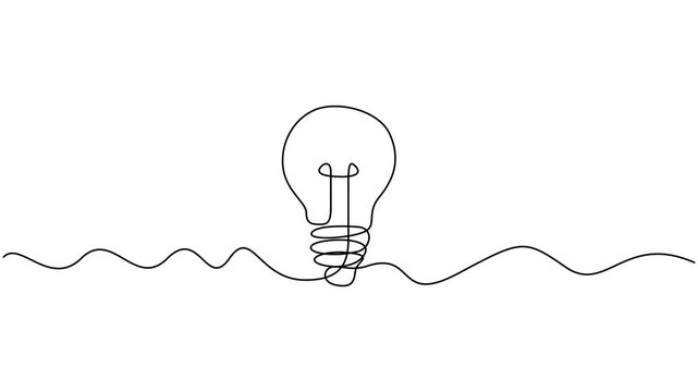 Animated continuous one line drawing of light bulb, minimalist idea and creativity. Single line drawing a light bulb animation. One continuous line drawing of light bulb animation