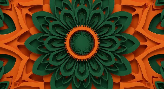 3d render of a layered mandala flower pattern in green and orange