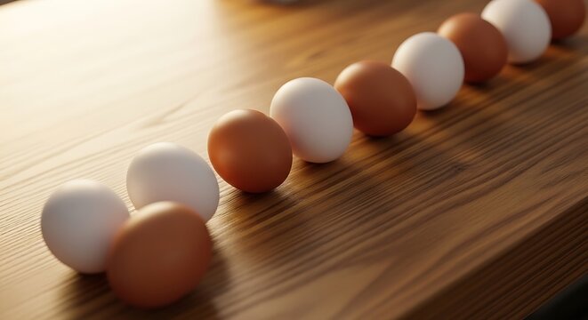 Brown and white eggs arranged in a line on a wooden surface brown eggs table