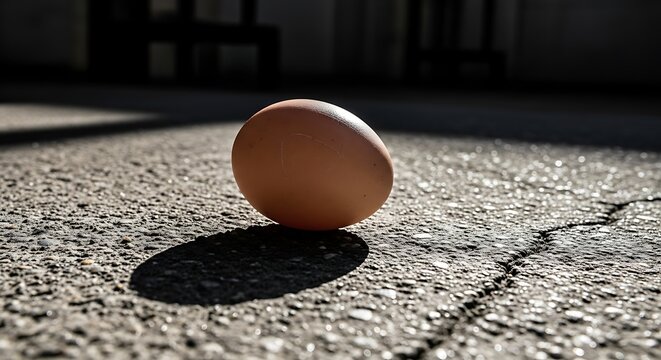 Single brown egg on cracked asphalt surface, illuminated by sunlight cracked surface