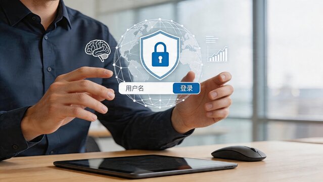 Businessman interacting with holographic security login interface digital privacy concept data protection shield icon biometric brain scan symbol world network connection graphic