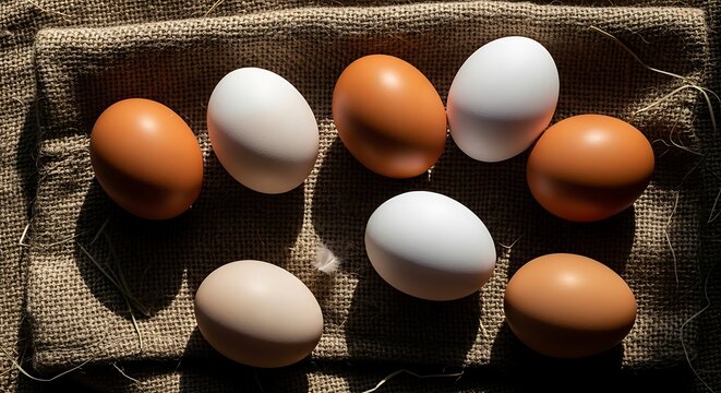 Brown and white eggs on burlap background, arranged in a loose pattern brown eggs fabric