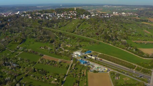 Aerial view of the Englbergturm in the city Leonberg in Germany on a sunny morning in early spring