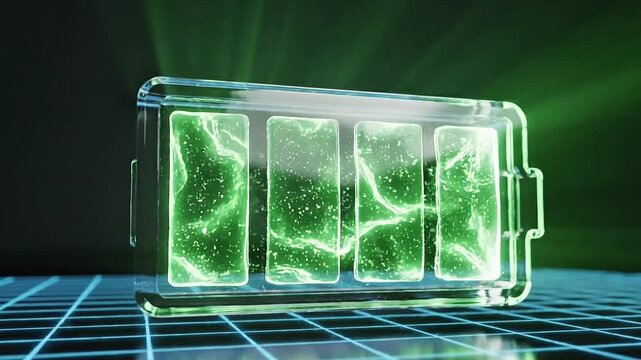 Ultra-clean 3D animation of a crystal-clear battery icon made of refractive glass, internal neon emerald energy flowing in segmented pulses, placed in a deep matte-black futuristic void 