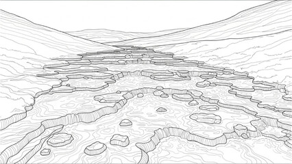 2D AutoCAD drawing of a landscape with rolling hills and layered terrain © Stock Image Paradise