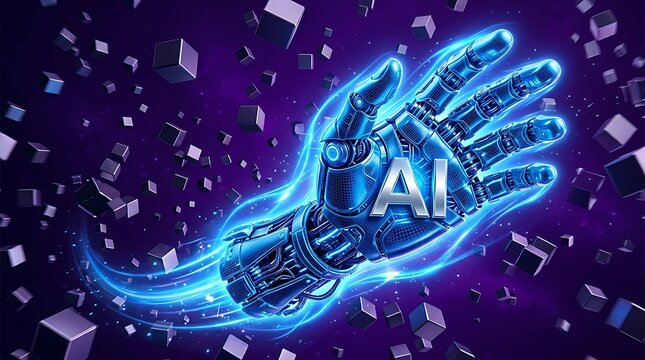 A robotic hand emerges with glowing blue lines and AI text in a futuristic technology scene with floating cubes.