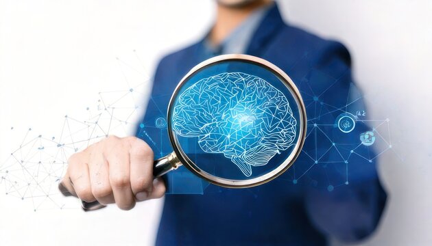 Brain analysis with magnifying glass, digital brain, and neural connections.