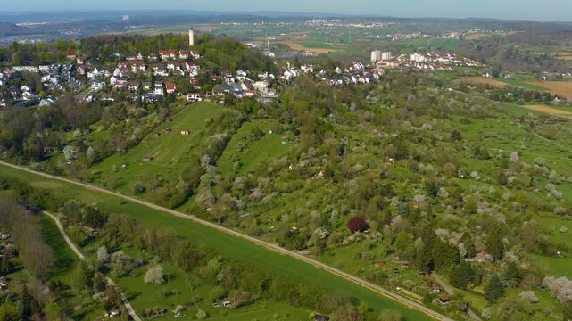 Aerial view of the Englbergturm in the city Leonberg in Germany on a sunny morning in early spring