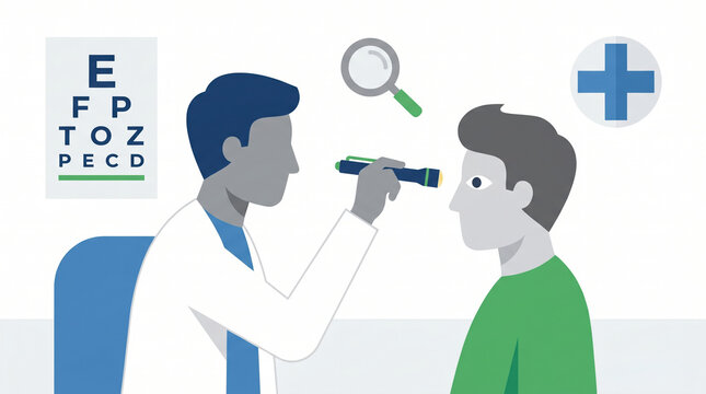 An ophthalmologist uses a penlight to examine a patient's eye. This scene represents professional vision care and medical checkups. Ideal for healthcare websites or educational materials.