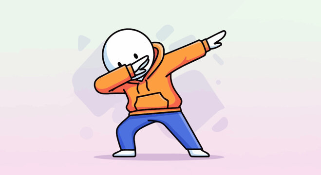 Cartoon character dabbing, funny pose, orange hoodie, blue jeans, white background.
