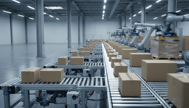 High speed automated packaging system with robotic pick and place arms handling parcels on conveyor production line