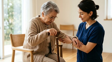 Fototapeta premium Nurse helping elderly woman walk with cane in hospital corridor. Healthcare practitioner assisting patient with mobility challenges. Medical care, geriatric support and nursing service concept.