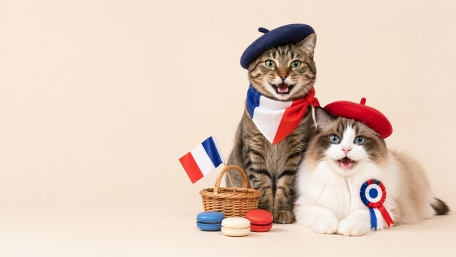 Two cats with French flags berets and macarons for Bastille Day celebration