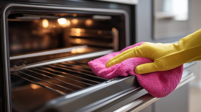 Woman washing the inside of the oven in the kitchen, Housekeeping, Hand in yellow rubber glove wiping the oven door with a pink microfiber cloth, generative ai