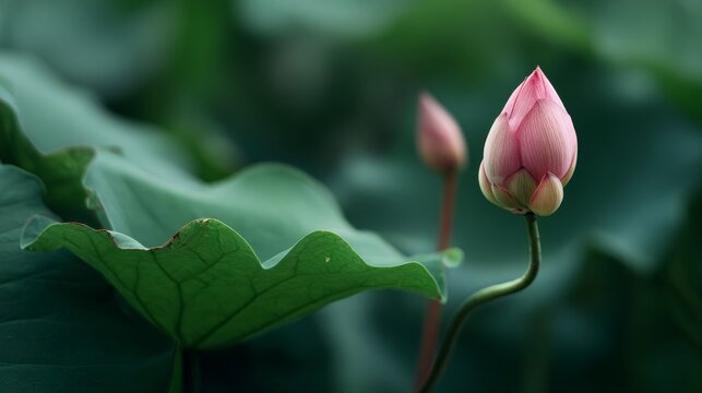 Delicate pink lotus buds rising from lush green leaves in serene water garden.