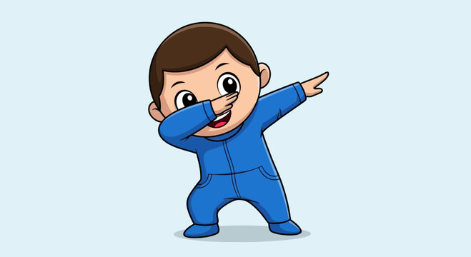 Happy baby boy dabbing in blue pajamas, cartoon character, playful pose