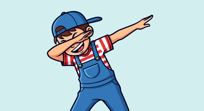 Happy boy doing the dab dance move with a smile, cartoon illustration
