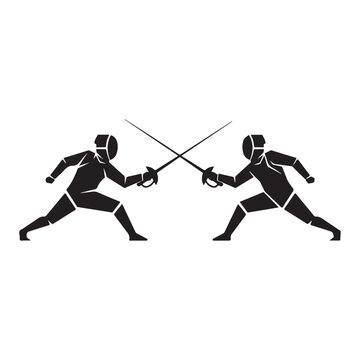 Two fencers dueling with crossed swords vector illustration isolated on white background