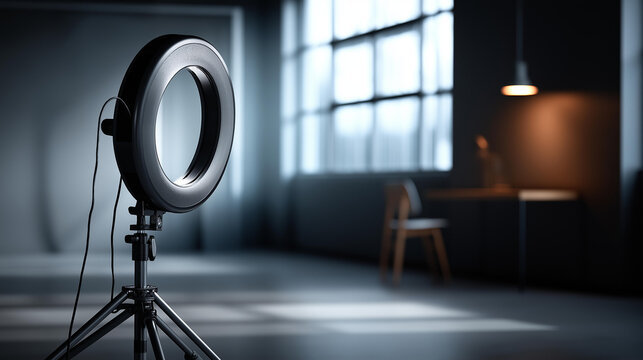An led ring light on a stand in a minimalist content creation setup, no people, ring light, led stand, content setup, minimalist, product photo, simple composition, studio, creative workspace,