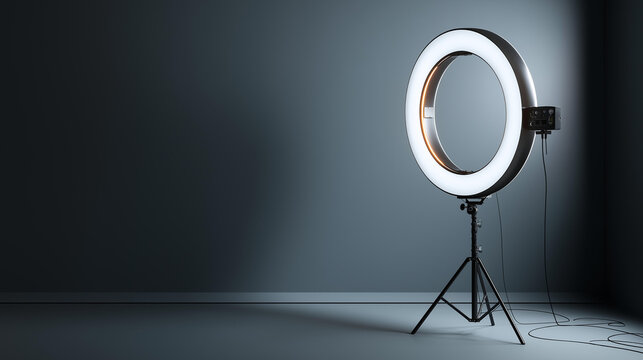 An led ring light on a stand in a minimalist content creation setup, no people, ring light, led stand, content setup, minimalist, product photo, simple composition, studio, creative workspace,