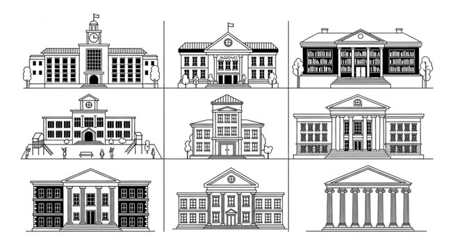 Collection of nine different architectural building illustrations.