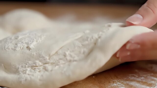 Closeup of hands kneading dough on a wooden surface.