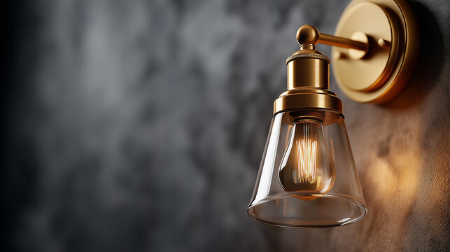 A brass wall sconce with a clear glass shade and an exposed led bulb on a textured wall, no people, brass sconce, glass shade, exposed led, wall fixture, interior lighting, elegant design,
