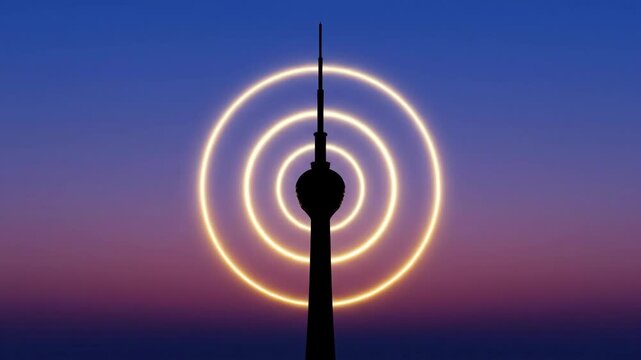 Tower silhouette against a gradient sky transitions from dusk to night, illuminated by glowing rings creating a striking visual effect in the urban skyline