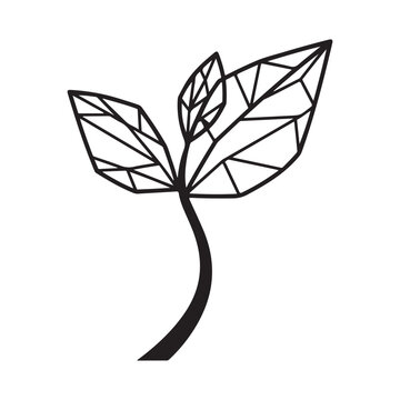 Minimalist geometric plant sprout with three leaves black line art vector illustration isolated on white background