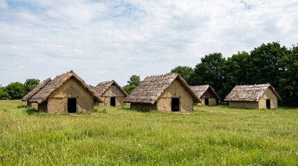 Obraz premium Reconstructed prehistoric village with thatched huts in grassy meadow under cloudy sky ancient rural settlement traditional earthen houses landscape