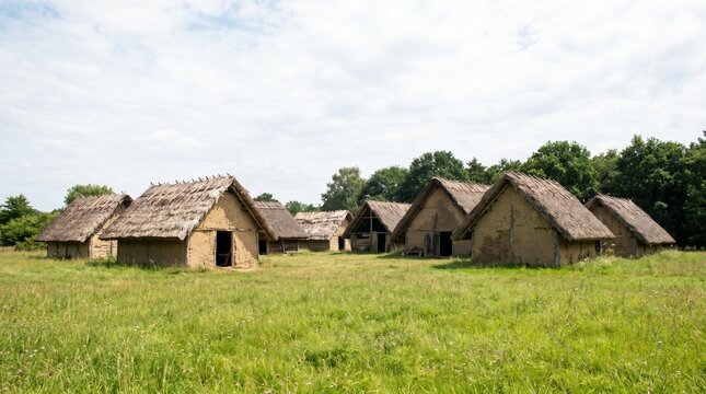 Reconstructed prehistoric village with thatched huts in grassy meadow under cloudy sky ancient rural settlement traditional earthen houses landscape