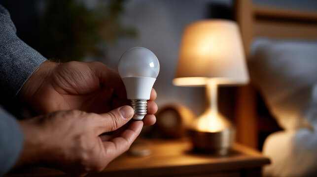 A hand replacing an incandescent bulb with a new LED bulb in a bedside lamp, no face, bulb replacement, led upgrade, bedside lamp, home improvement, energy saving, hand gesture, diy, lifestyle,