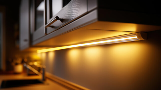 A set of led under cabinet lights glowing softly above a kitchen counter, no people, under cabinet lights, kitchen counter, led strip, warm glow, modern kitchen, interior design, simple
