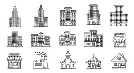 Fototapeta premium Modern city building and architecture line art vector illustration set