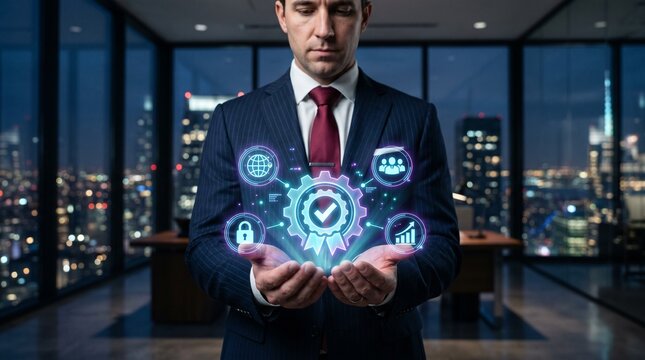 Quality Assurance in Hand: A poised, sharply dressed figure cradles a glowing emblem of quality assurance against a backdrop of the modern metropolis, symbolizing expertise.
