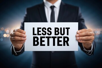Obraz premium Manager in a suit presents the minimalist idea LESS BUT BETTER