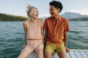 Obraz premium Young couple sharing laugh while sitting on lake dock