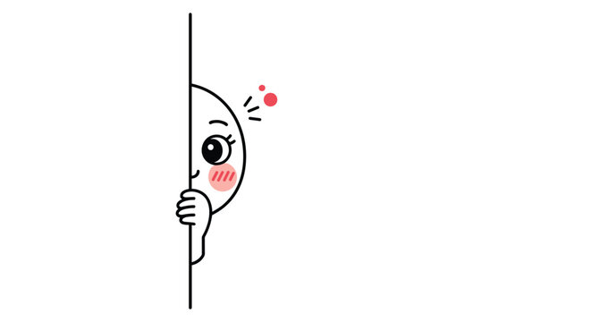 Shy cartoon face with large eyes and blushing cheeks peeks curiously from behind a vertical white wall edge.