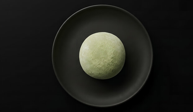perfectly round Matcha Mochi resting in the dead center of a matte, unglazed black ceramic plate