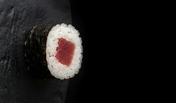 An extreme macro shot of a single piece of tuna (Akami) Maki sushi resting on a textured, matte black ceramic surface anchored exclusively on the far-left edge