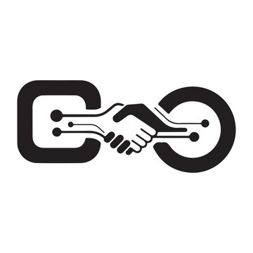 Digital technology handshake icon with circuit board lines and nodes isolated on white background vector