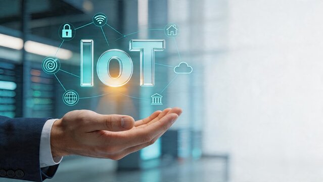 Businessman holding hologram IoT technology concept in hand smart home cloud computing security connected devices Internet of Things digital innovation modern office background