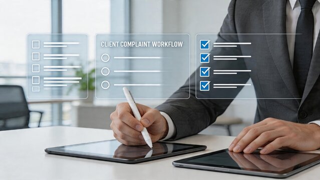Businessman using digital tablet and stylus pen working with holographic interface managing client complaint workflow process quality assurance checklist modern corporate