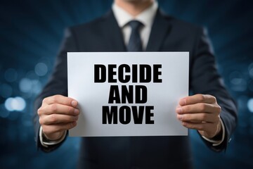 Obraz premium Businessman Encourages Action with a Sign That Says Decide And Move