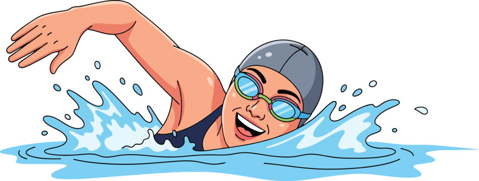 Happy female swimmer in blue water, cartoon vector illustration. Woman swimming with goggles and cap, active lifestyle and sports concept. Dynamic water splash